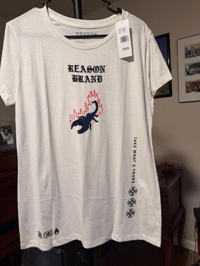 Reason White Graphic Tee with Black and Navy Print